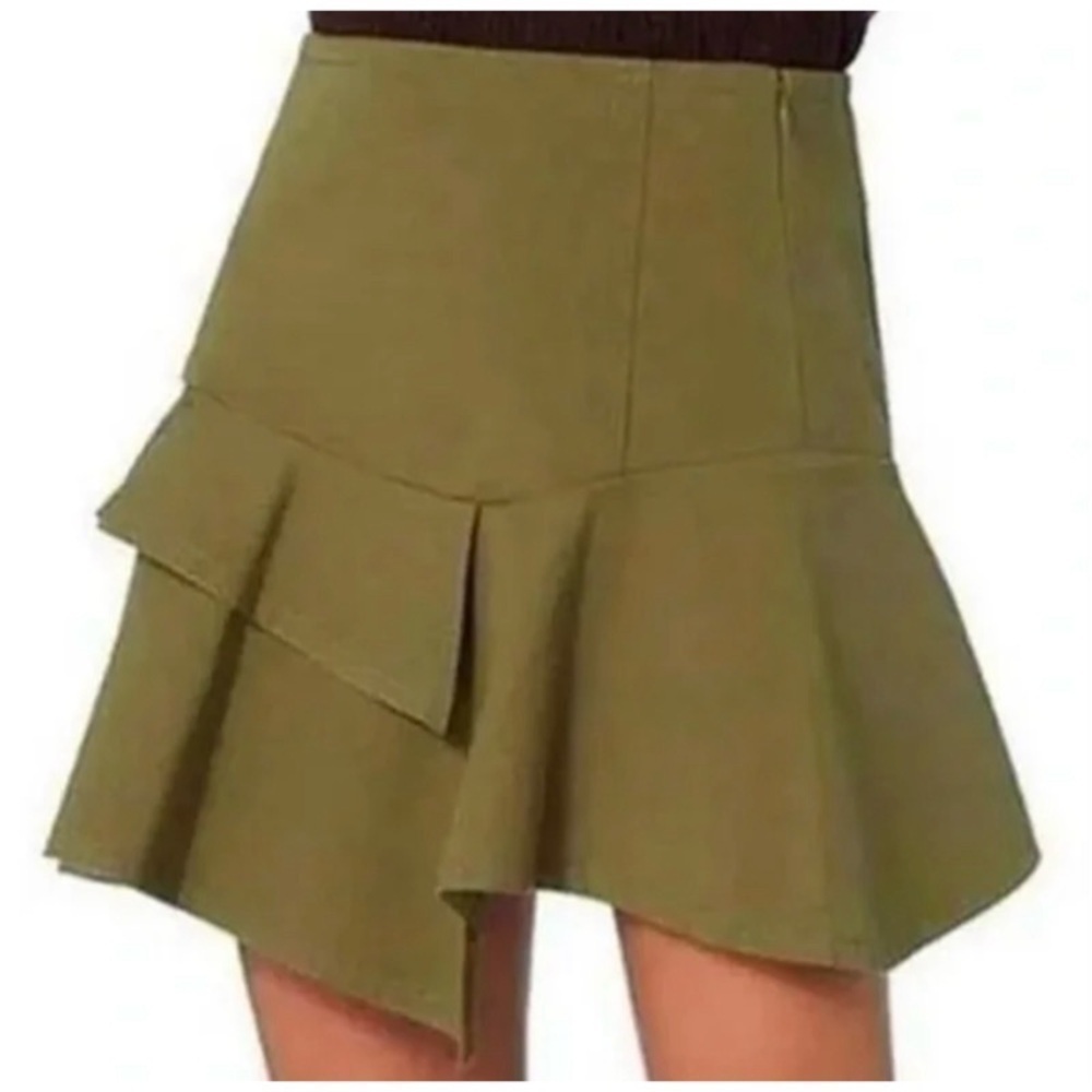 DEREK LAM 10 CROSBY Ruffle Asymmetrical Mini Skirt in Olive Green